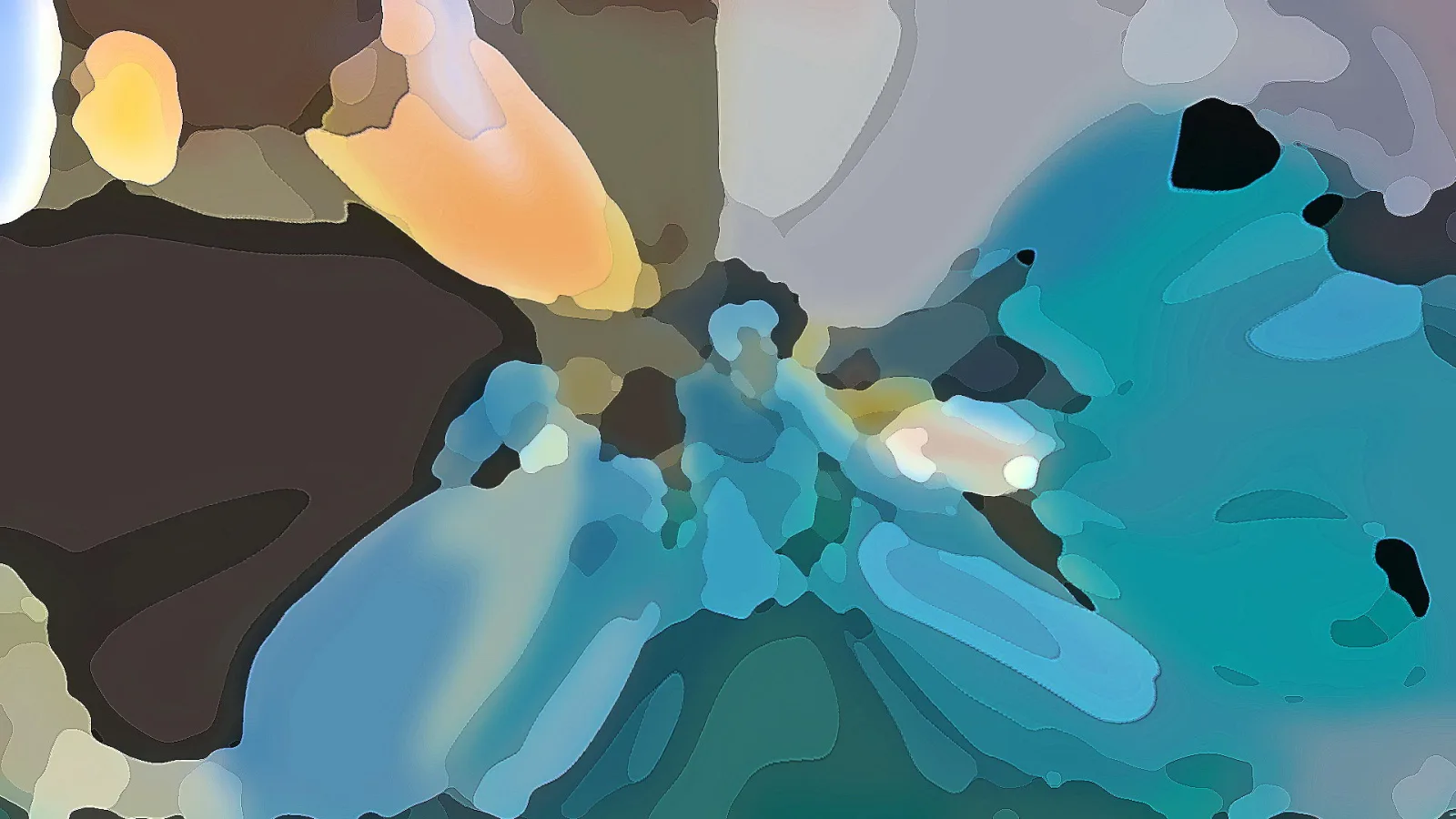 Abstrakte Komposition aus weichen, überlappenden Farbflächen in Türkis, Blau, Orange und Braun.