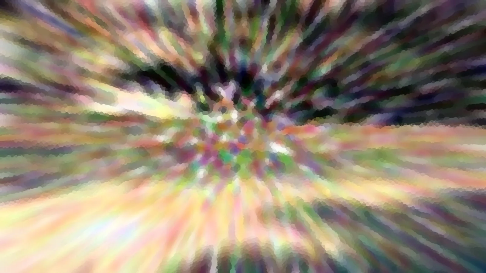 Abstraktes Bild mit bunten, radial nach außen verlaufenden Streifen in Grün, Gelb, Rosa und Violett, die sich in der Mitte zu einem hellen Zentrum bündeln.
