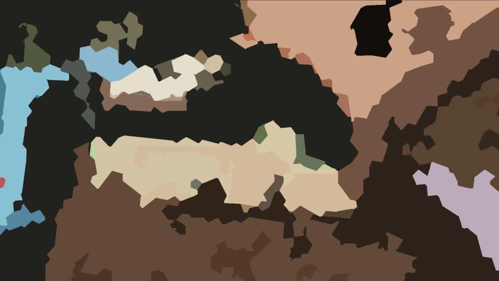 Abstraktes Bild aus unregelmäßigen, flächigen Blöcken in Braun, Beige, Schwarz, Hellblau und Lila.