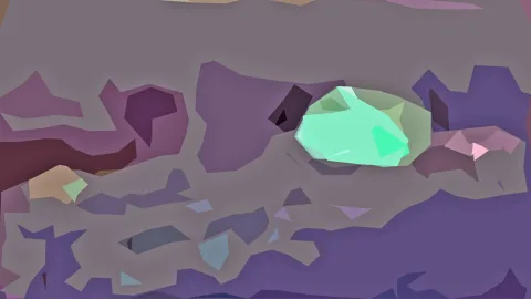 Abstrakte Komposition aus flachen violetten und grauen Polygonen mit einem leuchtend mintgrünen Fleck rechts der Bildmitte.
