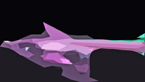 Abstrakte, kantige 3D-Form in Lila und Pink mit türkisfarbenen Akzenten vor schwarzem Hintergrund.