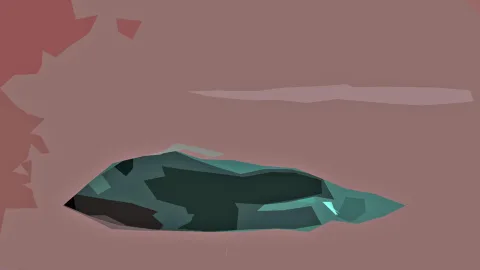 Abstrakte Low-Poly-Form in Petrol und Dunkelgrün auf rosabraunem Grund, im unteren Mittelbereich, mit einem hellen Streifen oben rechts.