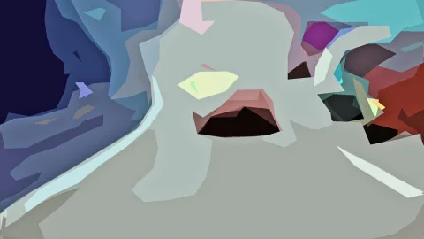 Abstrakte Komposition aus grauen, blauen, roten und violetten Facetten, in der Mitte ein helles Gesicht mit dunkler Mundpartie
