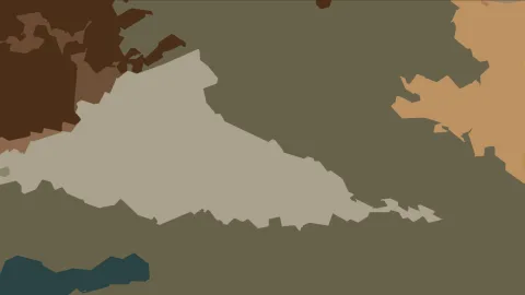 Abstrakte Komposition aus flachen, unregelmäßig gezackten Formen in Oliv, Beige, Braun, Orange und Petrol auf olivfarbenem Grund.