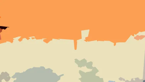 Abstraktes Bild mit einer großen orangefarbenen Fläche oben, einer cremefarbenen Zone in der Mitte und grünlichen und grauen Formen am unteren Rand.
