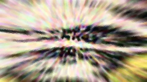 Abstrakte Komposition aus pastellfarbenen Streifen, die radial von einem dunklen, pixeligen Zentrum nach außen laufen.