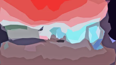 Abstrakte Komposition aus flachen, kantigen Farbflächen in Rot, Rosa, Türkis und Grau, unten in Mauvetönen, an den Rändern dunkel.