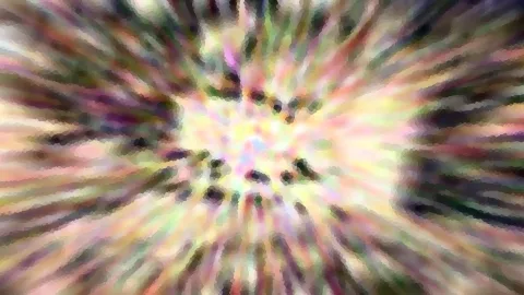 Abstrakte, unscharfe Komposition mit radial von der Mitte ausstrahlenden Streifen in Pastellfarben wie Rosa, Gelb, Grün und Violett.