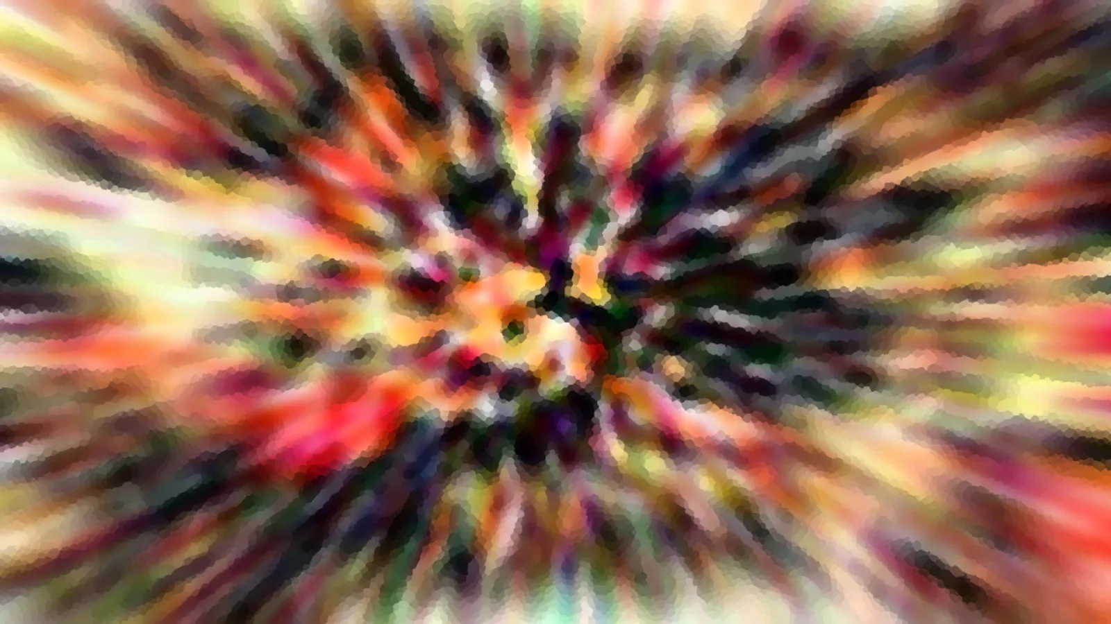 Abstraktes Bild mit einem Zentrum aus dunklen und bunten Farbstrahlen, die radial nach außen auseinanderlaufen, in Rot, Orange, Gelb, Grün und Weiß.