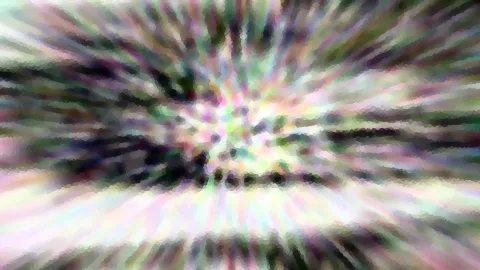 Abstrakte Komposition aus radial ausstrahlenden, bunten Streifen in Grün, Violett und Weiß, die von einem helleren Zentrum nach außen laufen und pixelig gerastert wirken.