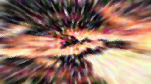 Abstraktes Bild mit bunten Farbschlieren, die von einer hellen Mitte radial nach außen laufen, in Orange, Rosa, Gelb und Dunkelgrün, mit mosaikartiger Körnung.