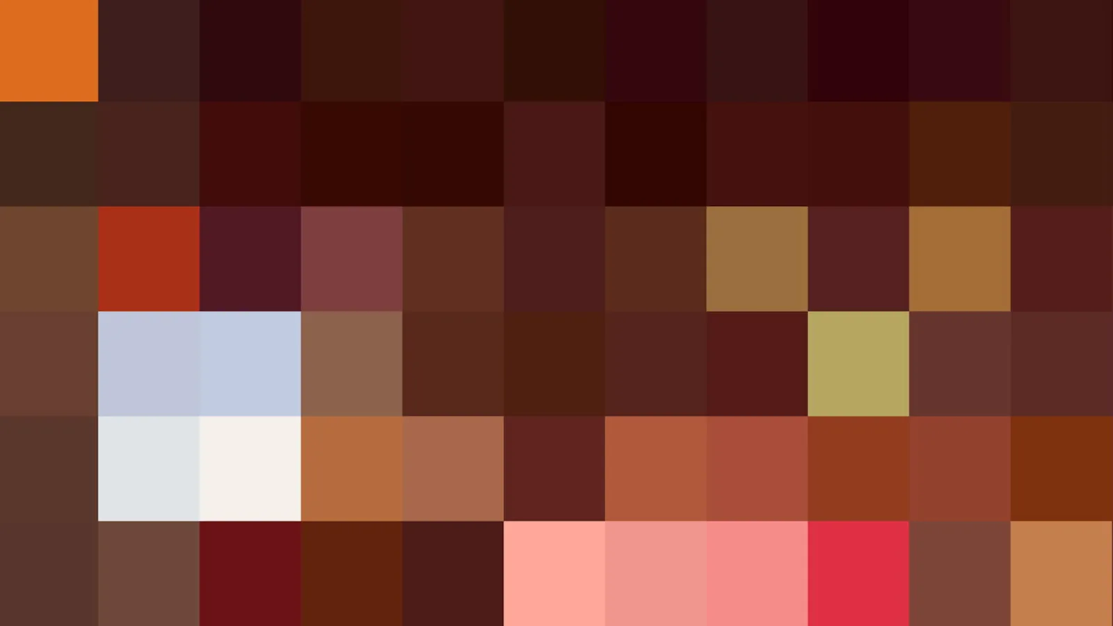 Pixelmosaik aus farbigen Quadraten in Rot-, Braun- und Orangetönen, einzelne hellblaue, weiße und rosa Felder in den unteren Reihen.