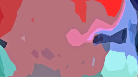 Abstrakte Komposition aus großen flächigen Formen in Rot, Rosa, Hellblau und Türkis, durchsetzt mit dunklen blauen Einschnitten und kleinen grauen Dreiecken.