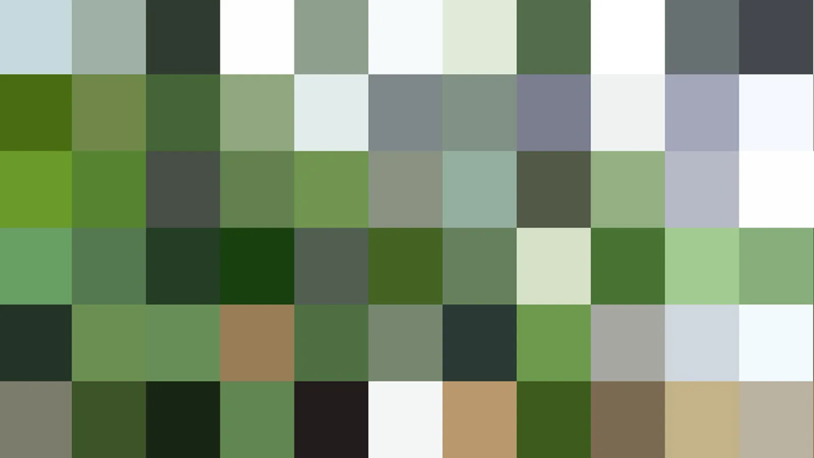 Raster aus quadratischen Farbfeldern in Grün-, Grau- und Weißtönen, dazwischen einzelne braune, beige und fast schwarze Felder.