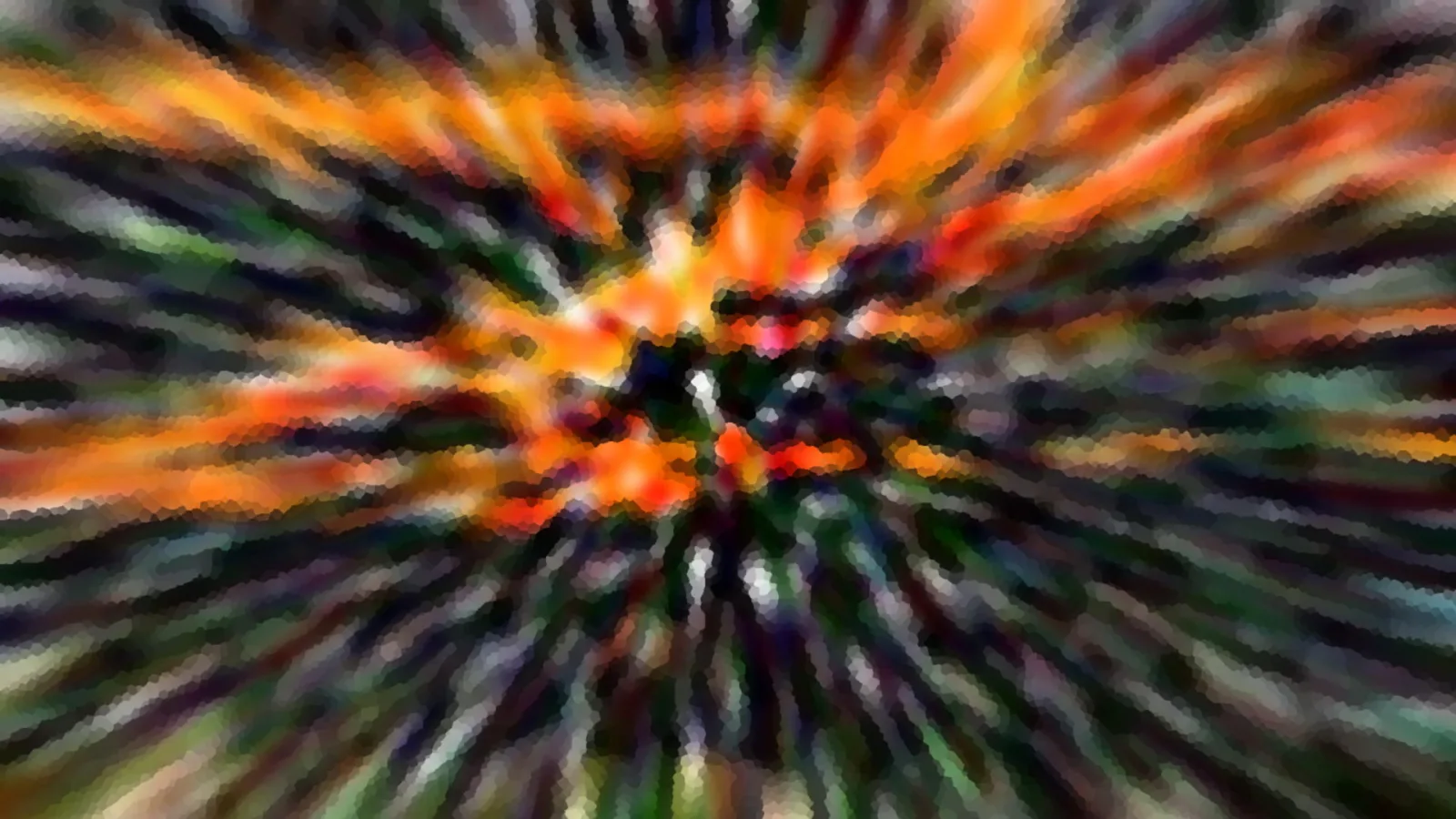 Abstraktes Bild mit radialen Schlieren in Orange, Grün und Dunkelblau, die von einem dunklen Zentrum nach außen laufen, grob gerastert.