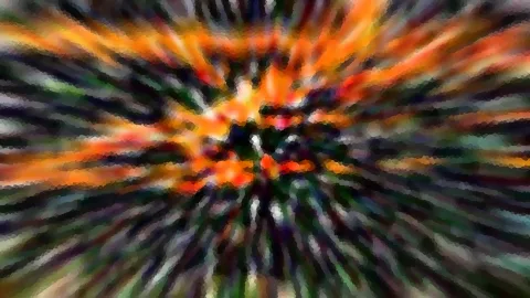 Abstraktes Bild mit radialen Schlieren in Orange, Grün und Dunkelblau, die von einem dunklen Zentrum nach außen laufen, grob gerastert.