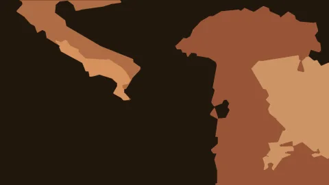 Abstrakte Komposition aus braunen und ockerfarbenen Flächen auf dunklem Hintergrund, rechts oben eine größere Fläche, links unten viel Schwarz.