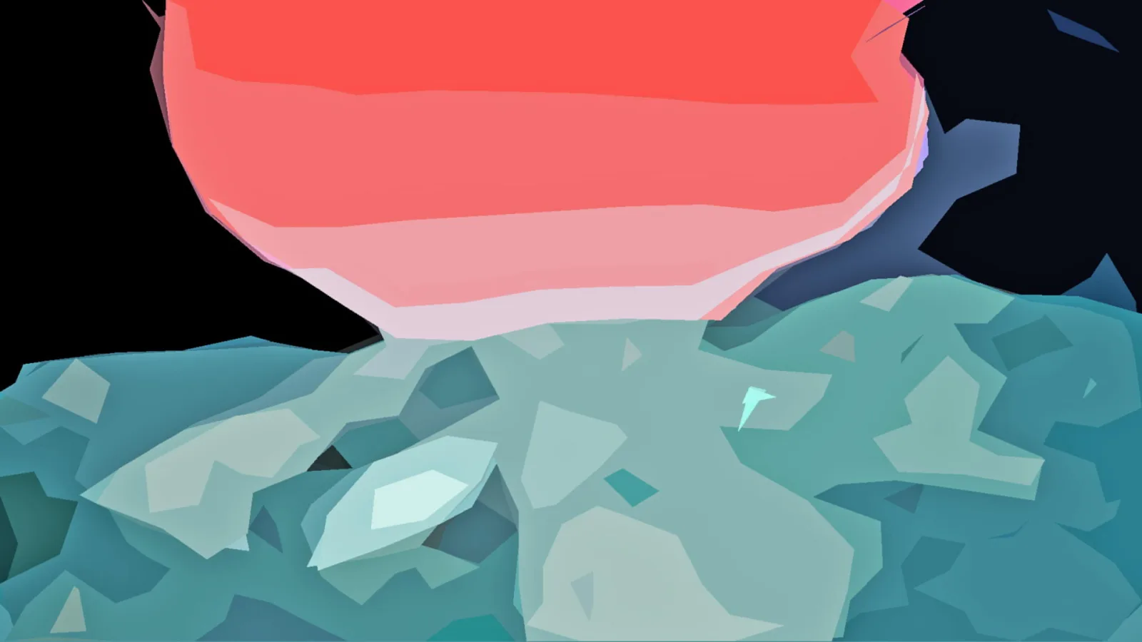 Abstrakte Low-Poly-Komposition: oben ein korallenroter Halbkreis, darunter türkisfarbene facettierte Flächen vor schwarzem Hintergrund.