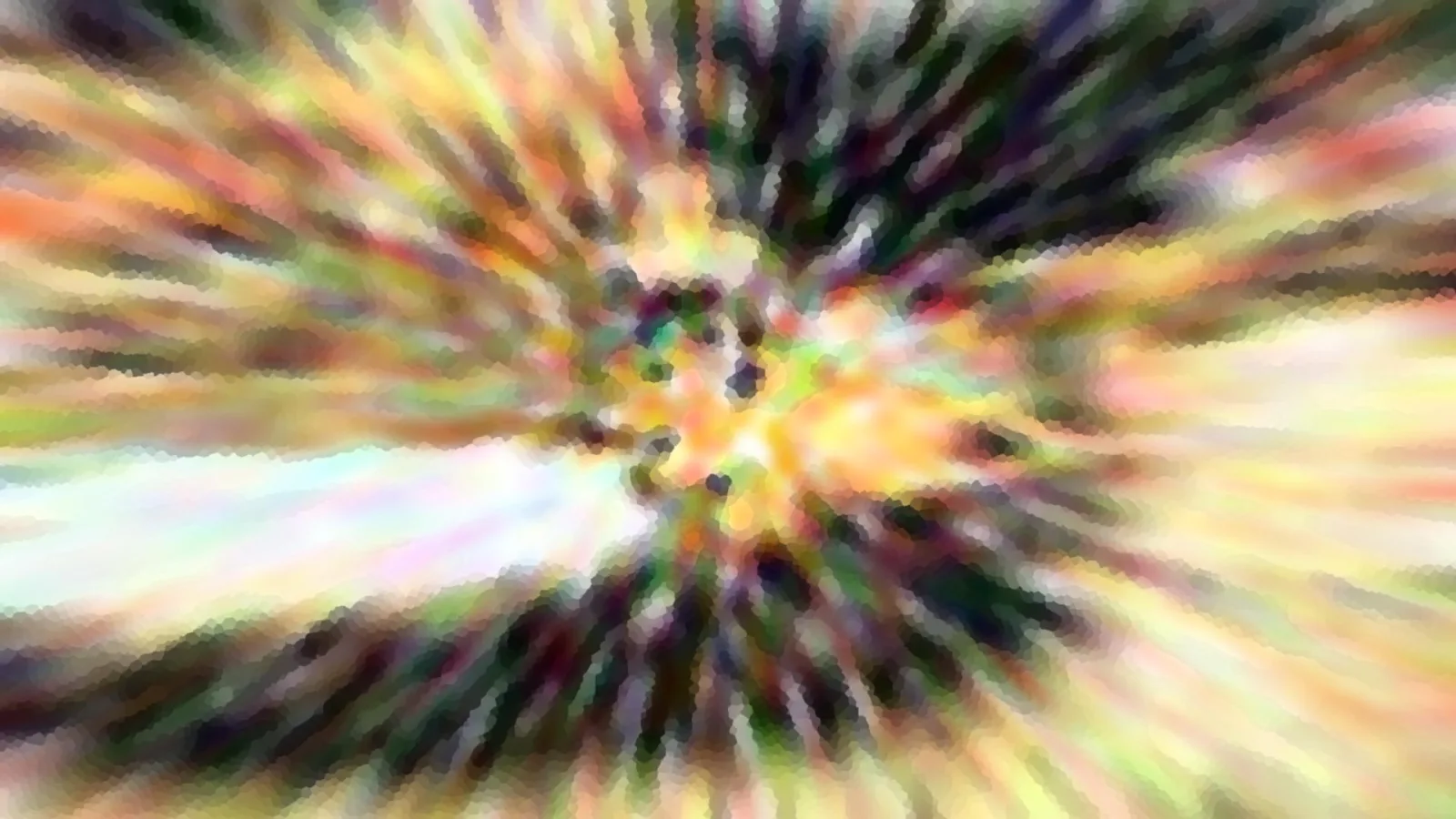 Abstrakte, bunte Farbstrahlen laufen radial von einem dunklen Zentrum nach außen, mosaikartig verpixelt und unscharf.