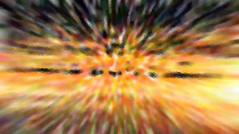 Abstrakte Komposition aus radialer Bewegungsunschärfe mit orangen und gelben Lichtstrahlen, die von der Mitte nach außen laufen, durchzogen von dunklen Schlieren und pixeligen Mosaikstrukturen.