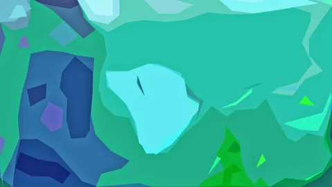 Abstrakte Komposition aus türkisen, blauen und grünen Polygonen mit einer hellen, kantigen Form in der Bildmitte.