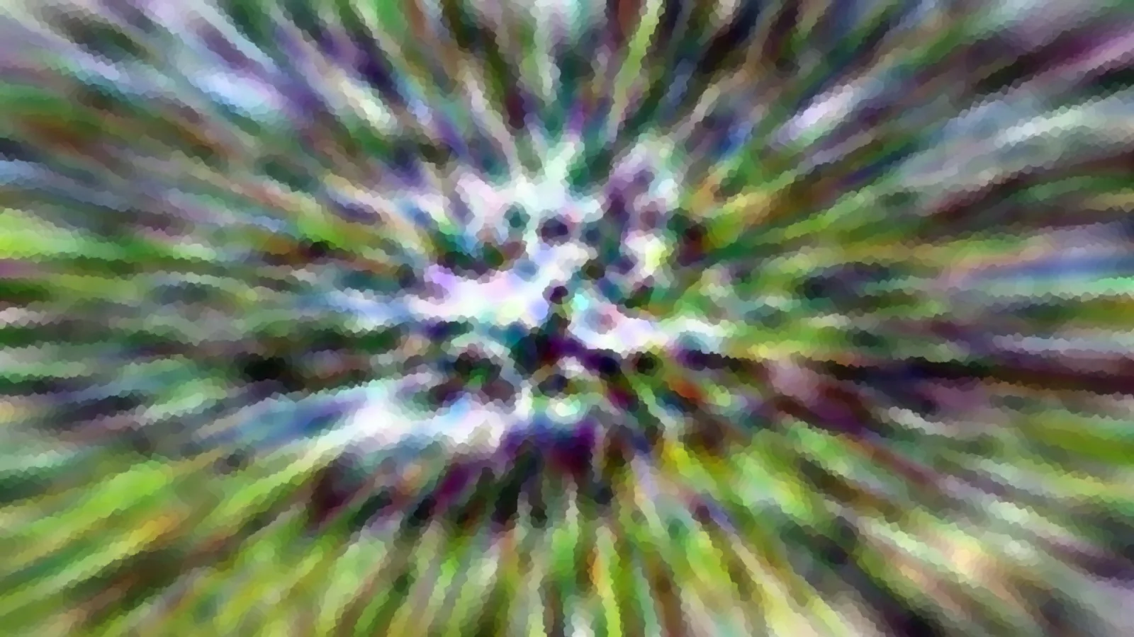 Abstrakte radiale Unschärfe mit grünen, violetten und weißen Farbstreifen, die von einem hellen Zentrum nach außen strahlen, mosaikartig pixelig.