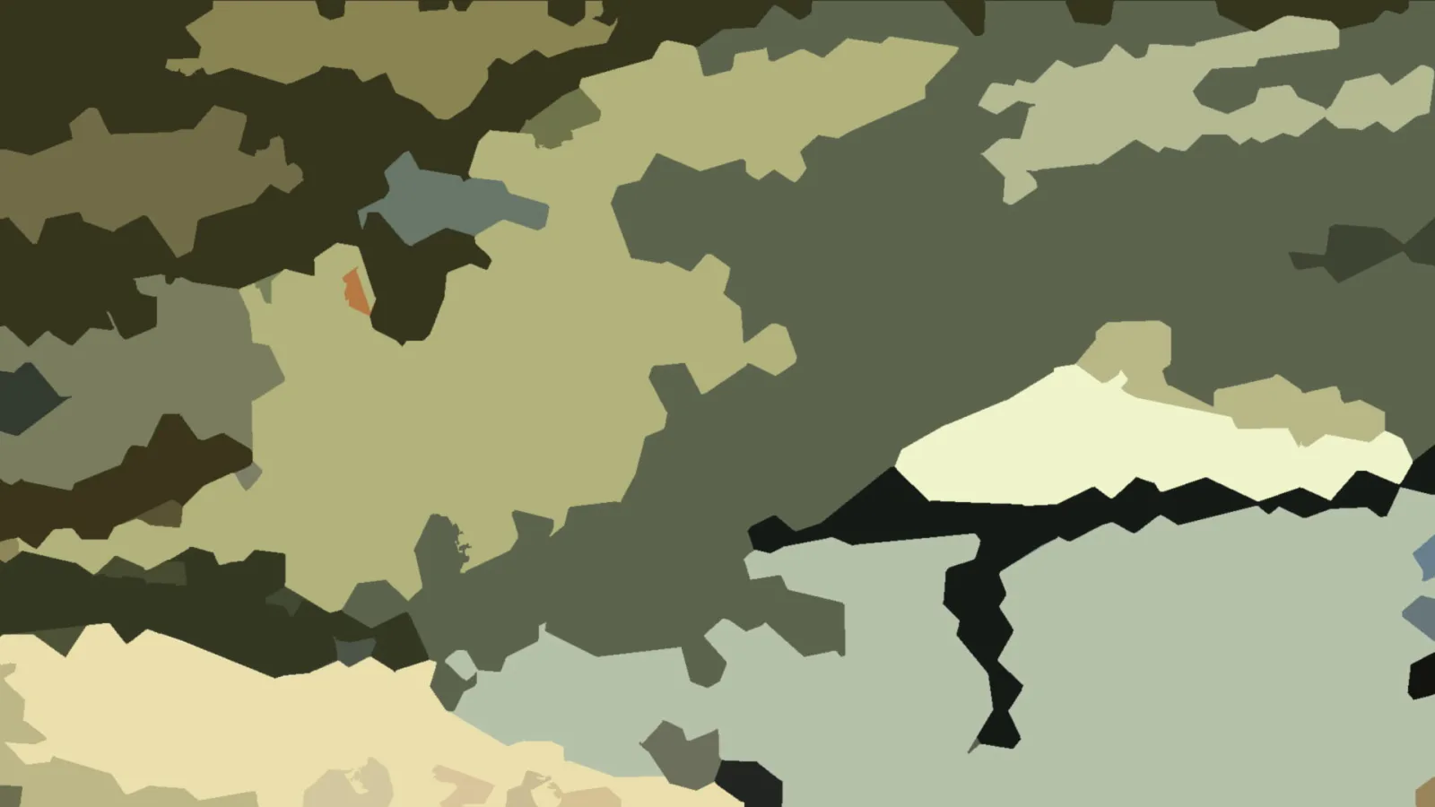 Abstrakte Komposition aus unregelmäßigen Flächen in Oliv, Khaki, Dunkelgrün, Schwarz und Creme.
