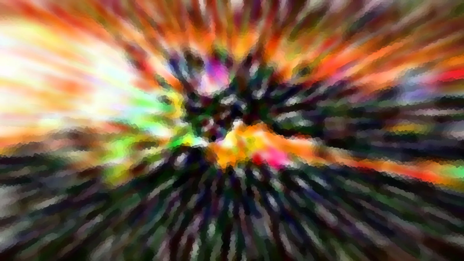 Abstraktes Bild mit bunten, radial von einem dunklen Zentrum ausstrahlenden Unschärfestreifen in Gelb, Orange, Grün und Pink