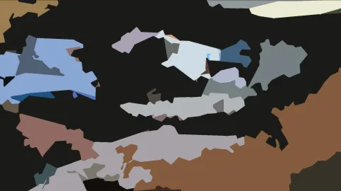 Abstrakte Komposition aus flachen, unregelmäßigen Formen in Hellblau, Grau, Braun und Weiß auf dunklem Hintergrund.