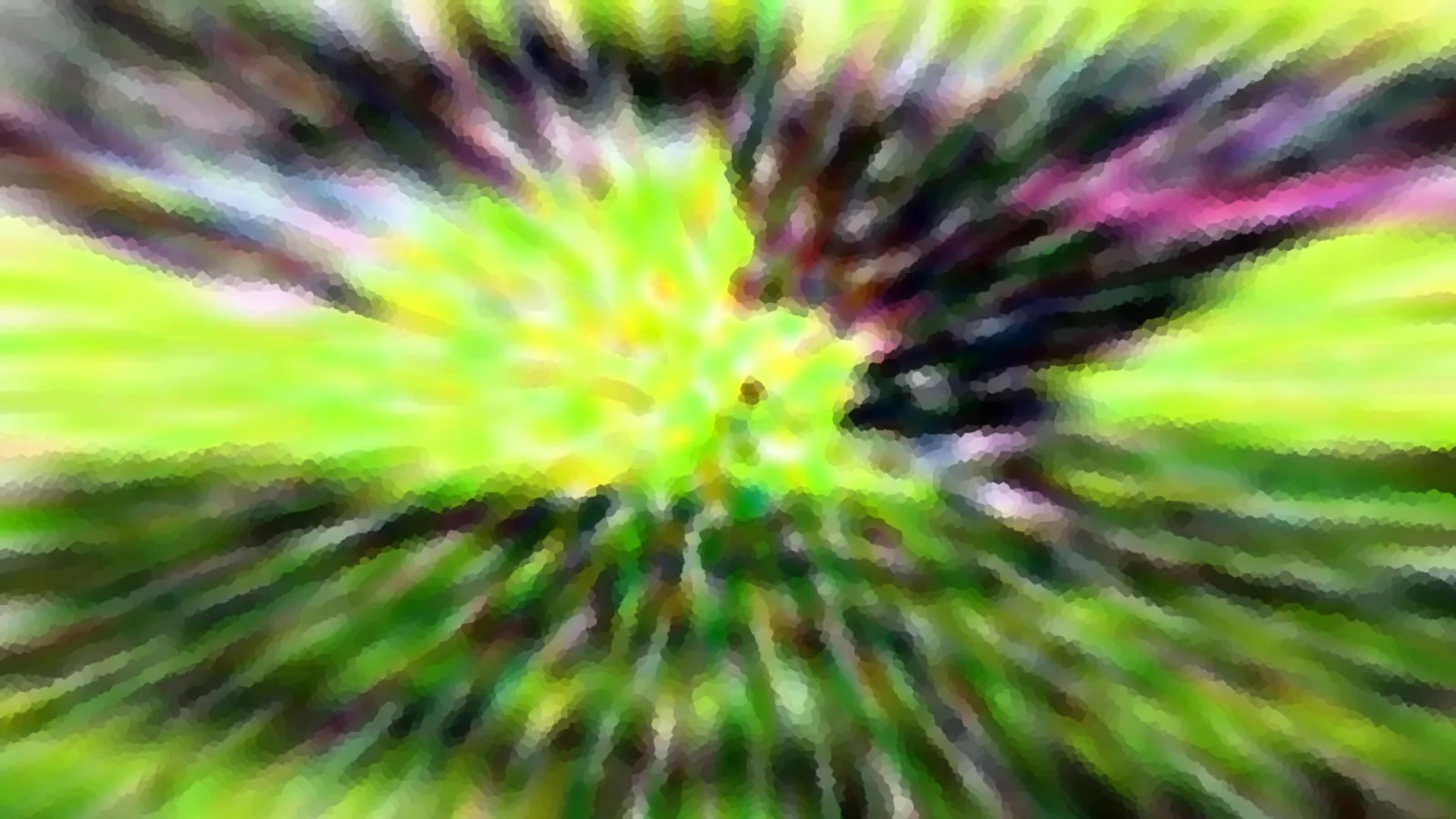 Abstrakte, stark verwischte Komposition in Grün, Gelb und Violett, die von einem hellen Zentrum radial nach außen strahlt.