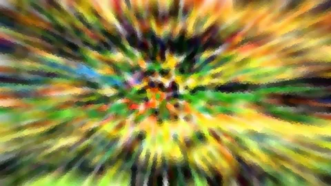 Abstraktes Bild mit farbigen Streifen, die von einem Zentrum in der Mitte nach außen strahlen, in Gelb, Grün, Orange und Schwarz.