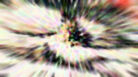 Abstrakte Komposition aus radial auseinanderlaufenden, pastellfarbenen Streifen mit pixeligem Mosaikraster und dunklen Zentren.