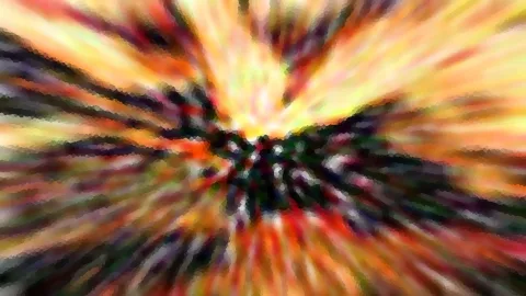Abstraktes Bild mit radialem Zoomeffekt: nach außen strahlende Streifen in Gelb, Orange und Rot, im dunklen grünen Zentrum verdichtet sich die Farbe zu einem unruhigen Knäuel.