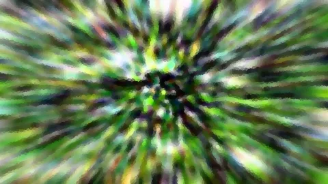 Abstrakte, radial verwischte Komposition aus grünen, weißen und dunklen Farbstreifen, die von einem dunklen Zentrum nach außen strahlen.