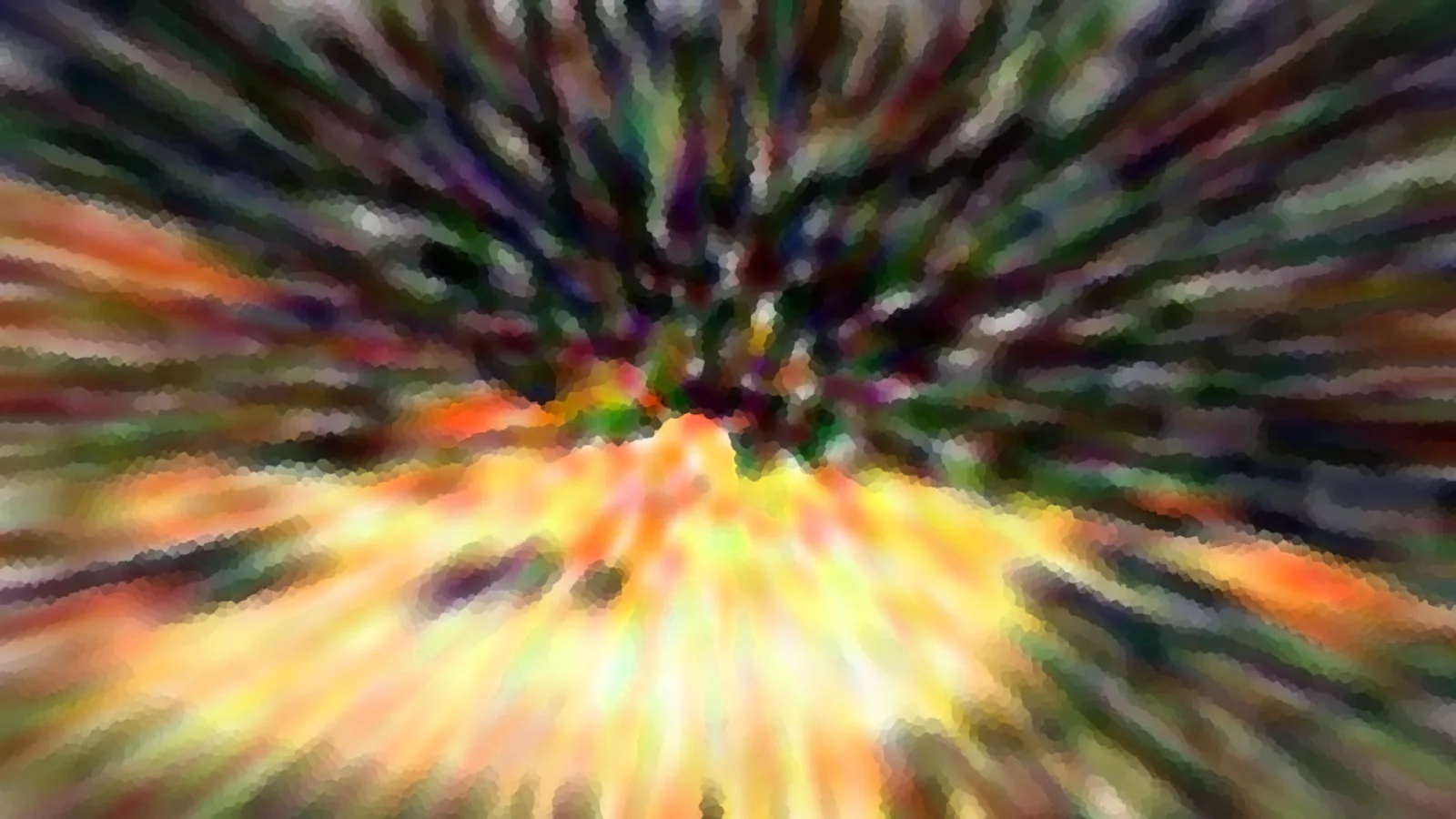 Abstrakte Komposition aus verwischten, radial von einem Zentrum ausgehenden Farbstrahlen in Gelb, Orange, Grün und Violett.