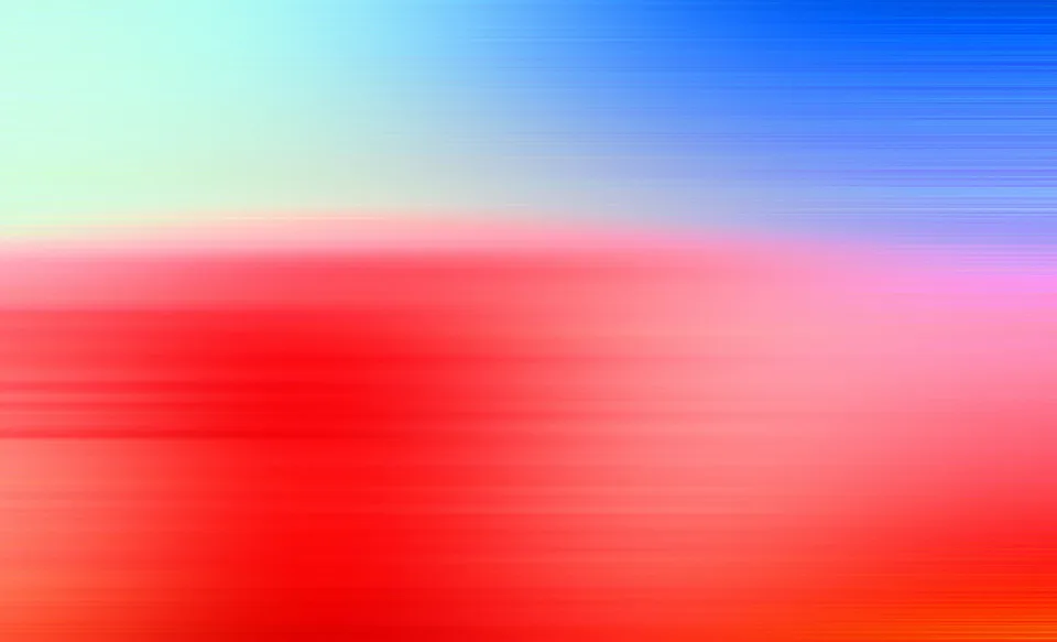Abstrakte Fläche mit horizontalen Schlieren: oben links mintgrün, oben rechts kräftiges Blau, unten warmes Rot bis Rosa mit feinen Linien.