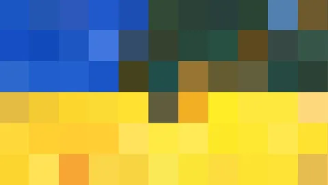 Abstrakte Komposition aus quadratischen Blöcken in Blau, Dunkelgrün und Gelb, oben blau, unten gelb.