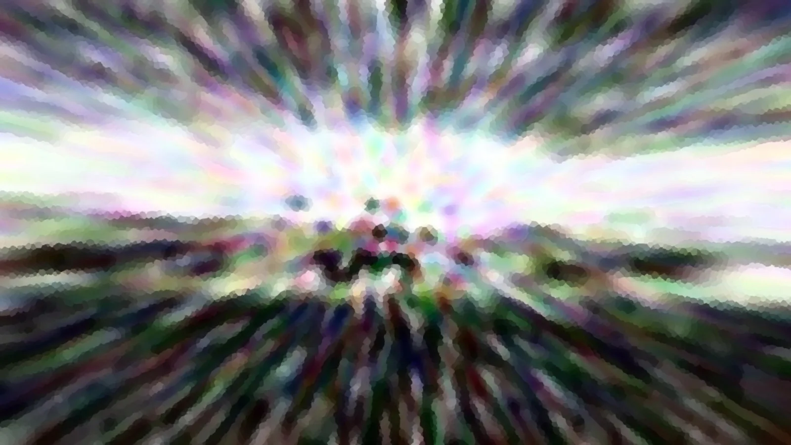 Abstrakte Komposition aus bunten, radial nach außen verlaufenden Schlieren in Weiß, Lila, Grün und Dunkelblau mit einem dunklen Zentrum und pixeligem Mosaikmuster.