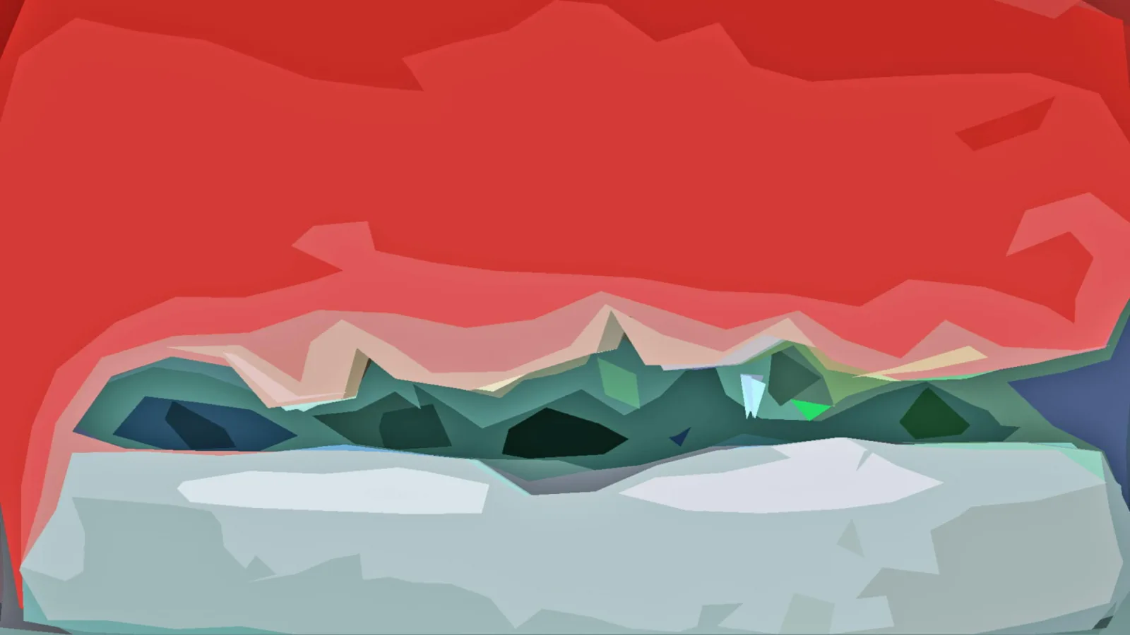 Abstrakte Landschaft mit rotem Himmel, dunkelgrünen Bergen und hellgrauem Vordergrund in flachen Polygonen.