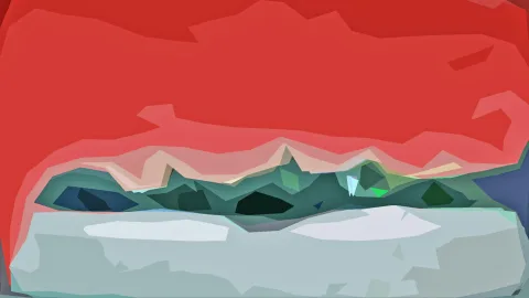 Abstrakte Landschaft mit rotem Himmel, dunkelgrünen Bergen und hellgrauem Vordergrund in flachen Polygonen.