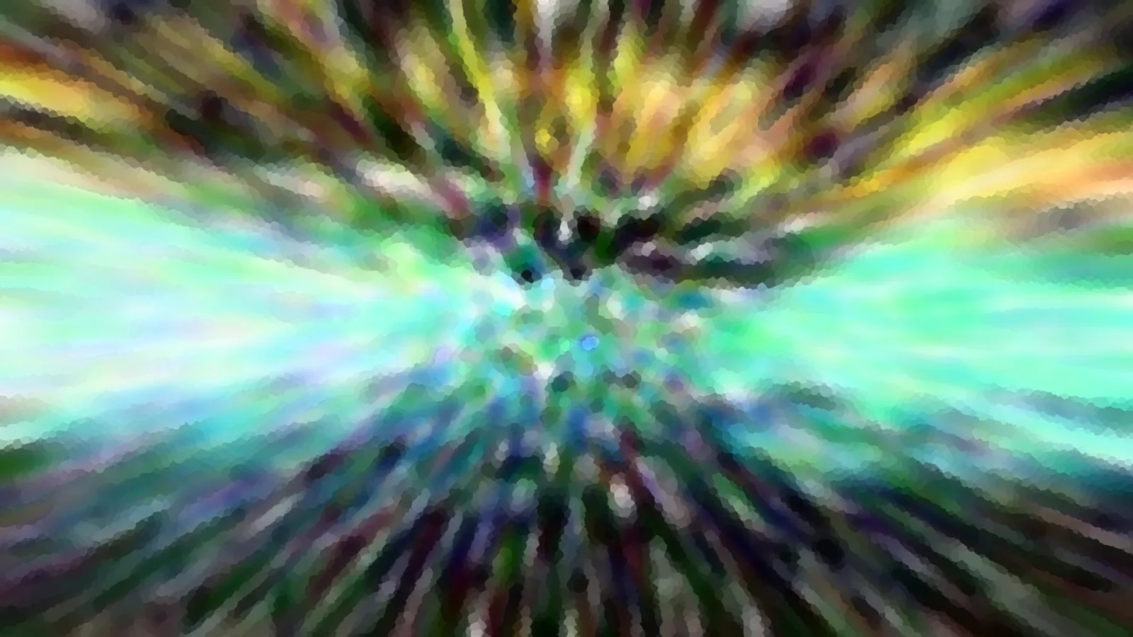 Abstrakte Komposition aus farbigen Streifen, die von einem zentralen Punkt radial nach außen laufen, in Grün, Türkis, Gelb und Dunkelbraun, mit mosaikartiger Körnung.