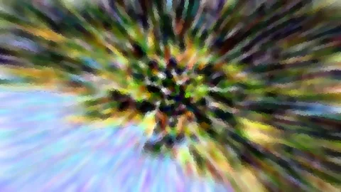 Abstrakte Komposition aus radialen Schlieren in Grün, Gelb, Violett und Blau, im Zentrum pixelig aufgelöst.