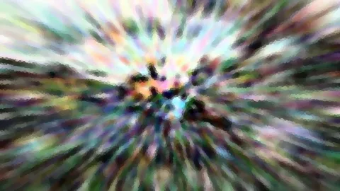 Abstrakte Farbstreifen laufen von einer hellen, bunten Mitte radial nach außen und wirken mosaikartig verpixelt.