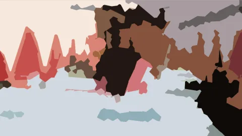 Abstrakte Komposition aus flachen, unregelmäßigen Formen in Rot, Braun und Schwarz vor hellblauem Grund, oben links ein cremefarbener Himmel.