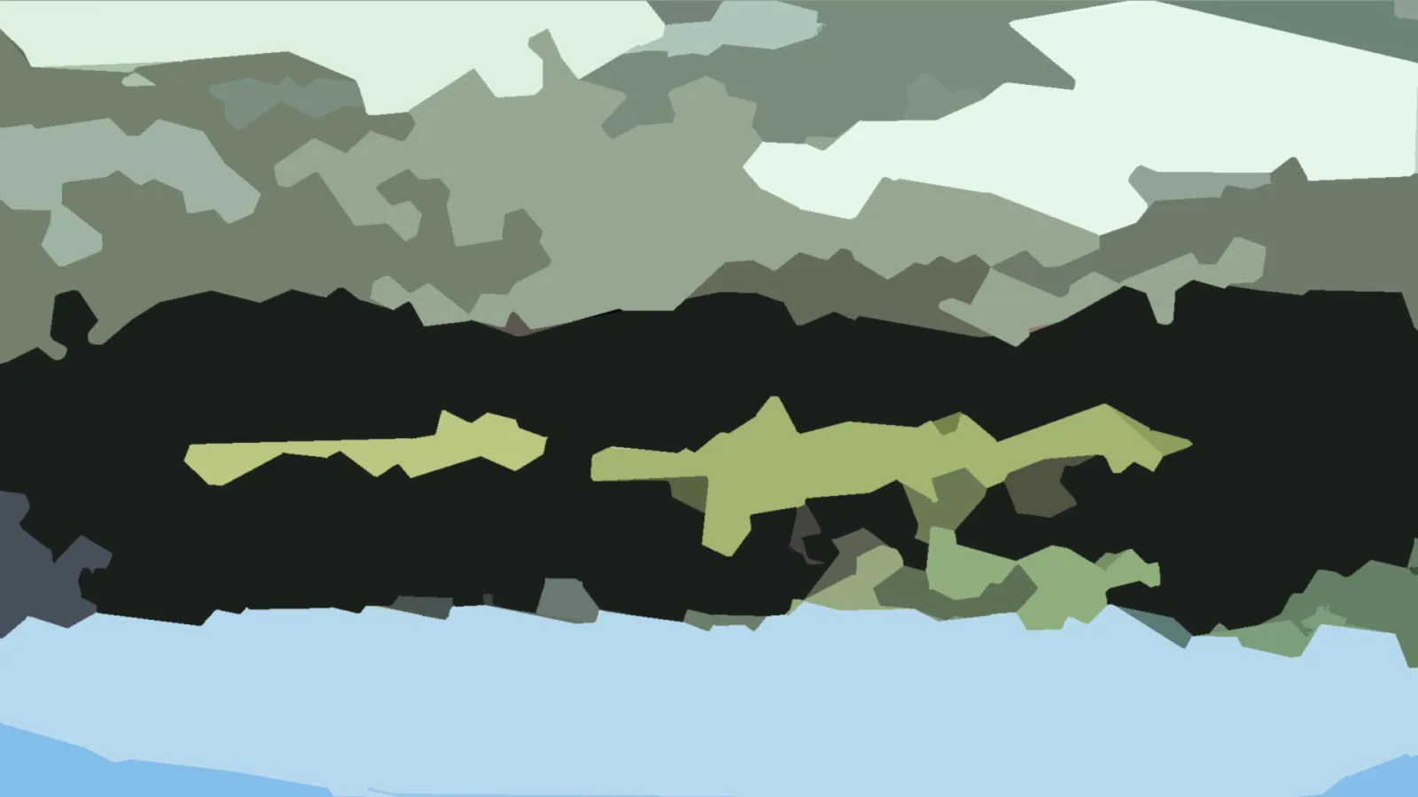 Abstrakte Komposition aus grünen, grauen und schwarzen Flächen mit hellblauem Streifen am unteren Rand, darin zwei gelbgrüne Formen.