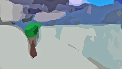 Low-Poly-Landschaft mit blauen und violetten Felsflächen im Hintergrund, einem kleinen grünen Baum mit braunem Stamm links der Mitte und hellen, flachen Bodenflächen.