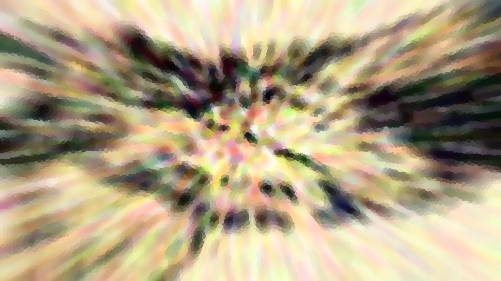 Abstraktes Bild mit radialer Bewegungsunschärfe: helle Pastellfarben in Gelb, Rosa und Grün strahlen von einem Zentrum aus, dazwischen dunkle grüne und schwarze Schlieren.
