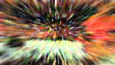 Abstrakte, bunte Streifen laufen radial von einem hellen Zentrum nach außen, in Rot, Orange, Grün und Gelb.