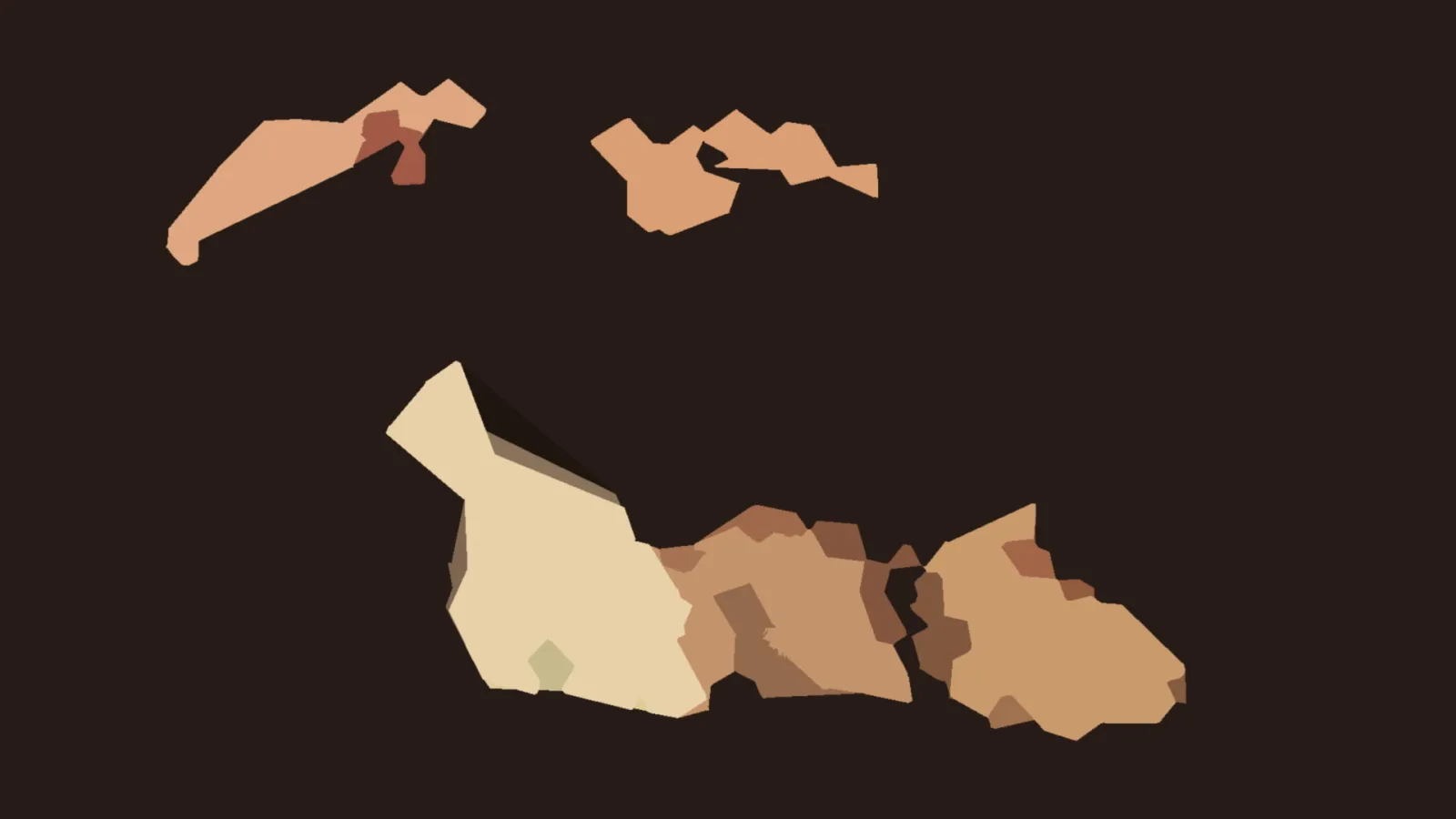 Flache, braune und beige Formen auf fast schwarzem Hintergrund, über das Bild verteilt.