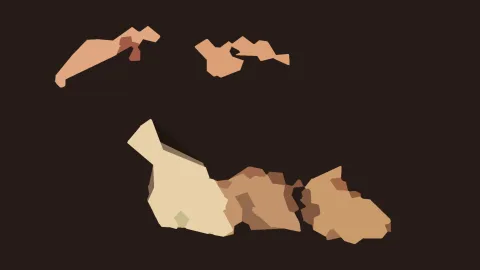 Flache, braune und beige Formen auf fast schwarzem Hintergrund, über das Bild verteilt.
